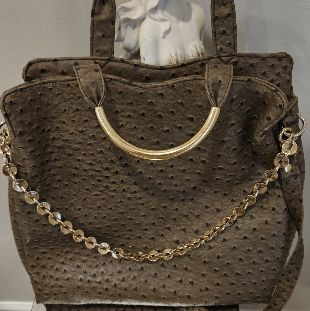 Ivanka Trump Brown Ostrich-Texture Tote with Gold Chain Handles - Picture 2 of 7
